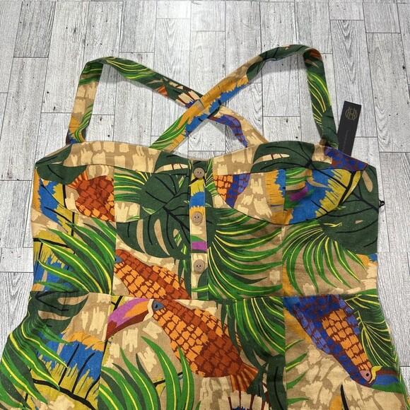 House of Harlow 1960 Mini Dress Womens Large Linen Blend Toucans‎ Lined NWT - Picture 3 of 13